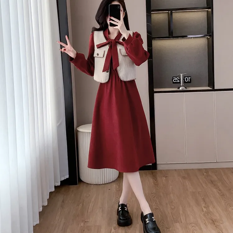 现货氛围感穿搭马甲红色衬衫连衣裙女2025春新款小香风两件套