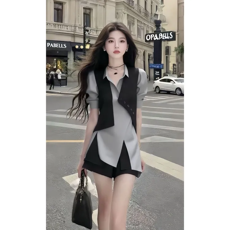 2025夏季新款小众设计不规则Polo领短袖灰色两件套时尚百搭女装