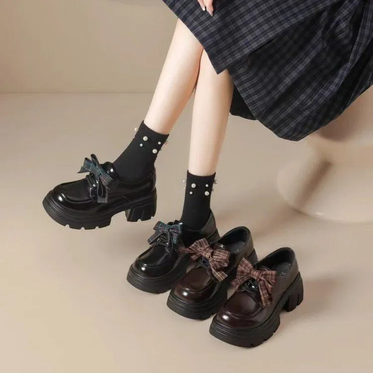 小皮鞋女2025新款夏黑色厚底蝴蝶结乐福鞋软底配裙子阔腿裤必备鞋