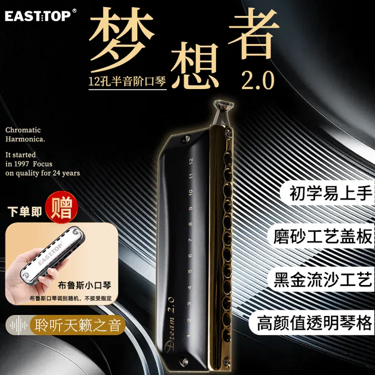 EASTTOP东方鼎新款梦想者2.0专业演奏12孔半音阶口琴成人初学入门
