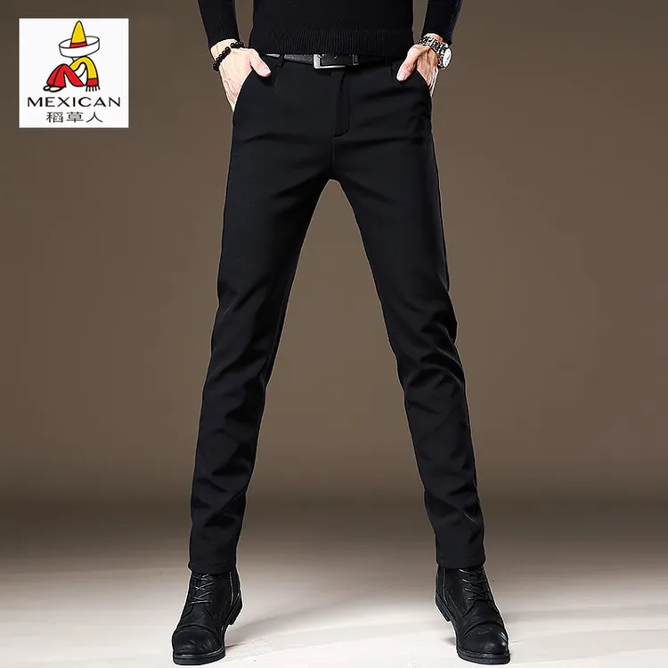 稻草人黑色休闲裤男士秋冬季加绒直筒修身商务长裤百搭小脚西裤子