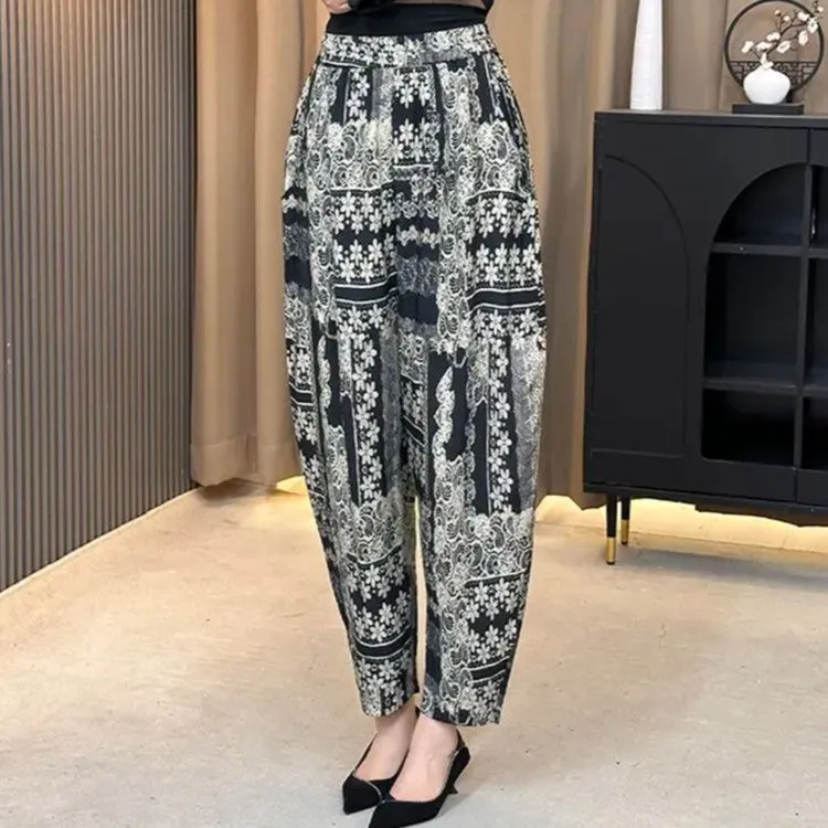 夏季新款复古花色洋气时尚老爹裤休闲百搭遮肉显瘦潮流凉感哈伦裤