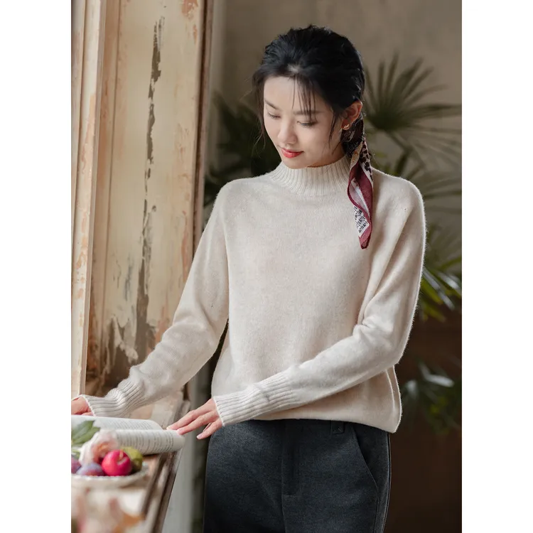 【双11提前购】红念100%羊毛杏色半高领针织衫毛衣2025冬打底衫上衣