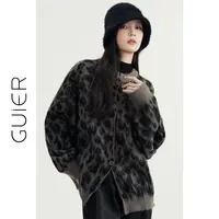 GUIER/桂儿 豹纹毛衣开衫女冬季高级慵懒针织外套XH5028