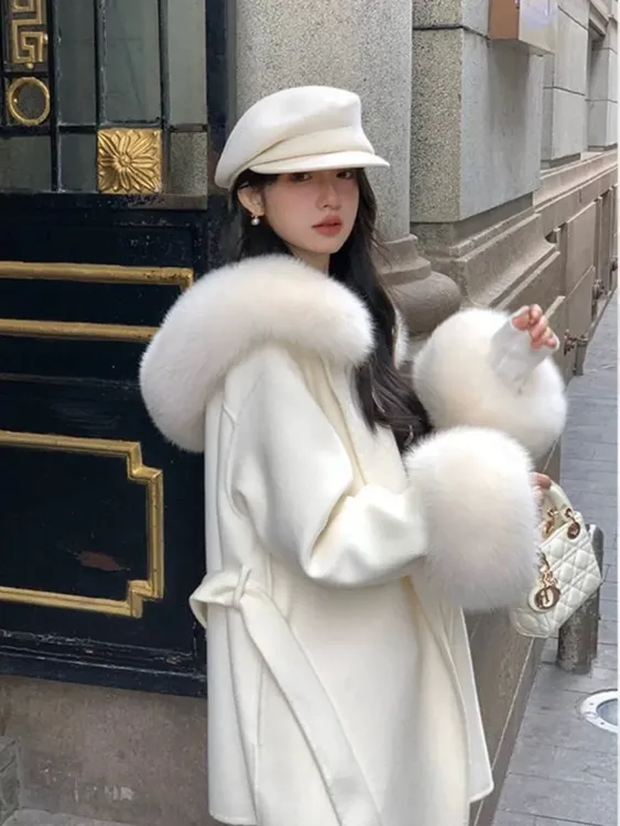 白色仿狐狸毛领双面呢大衣女小个子秋冬季新款高级感连帽毛呢外套