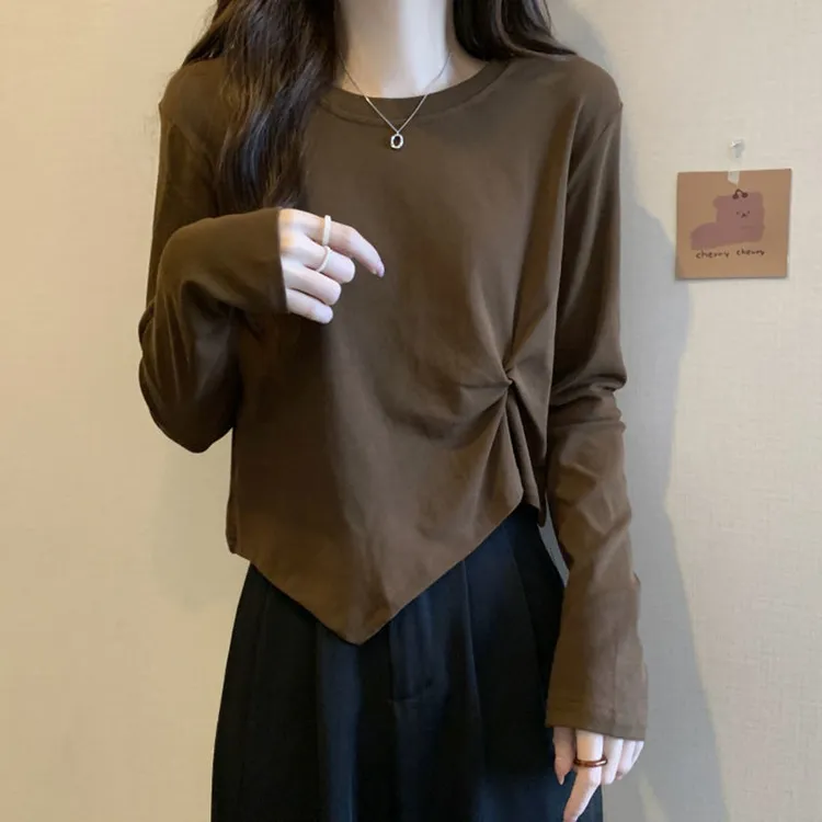 2025大码女装设计感长袖T恤小心机打底衫春秋胖mm显瘦不规则上衣