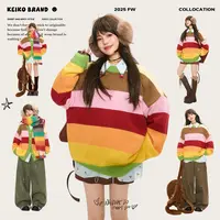 KEIKO 多巴胺彩虹色条纹毛衣25早秋韩系氛围感穿搭慵懒宽松针织衫