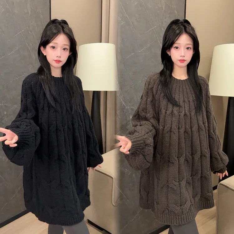 二姐的宝藏冬季高级感麻花织中长款纯色显瘦长袖毛衣#25406