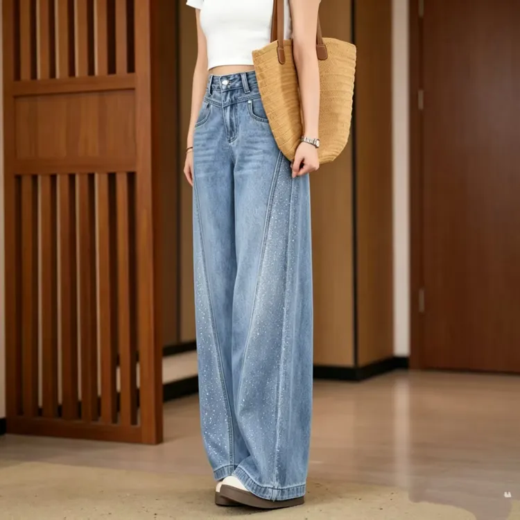 【现货+运费险】烫钻阔腿牛仔裤女2026夏季新款高腰显瘦直筒裤子商品图