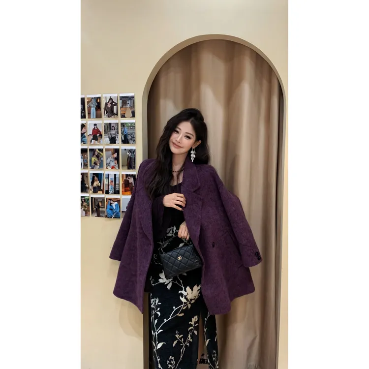 利达 NEW DADADA 苏力羊毛紫色大衣秋冬时尚西装修身外套CHM3070