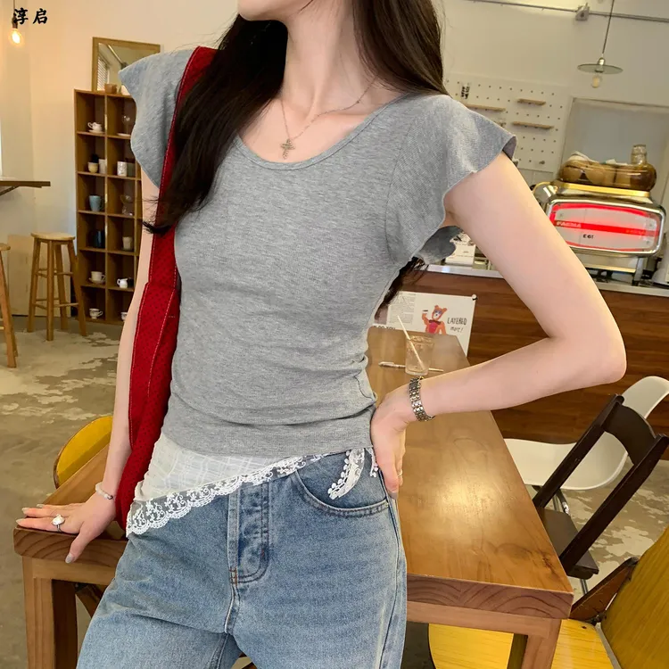 淳启时尚休闲简约时尚韩系正肩修身短袖恤女夏季新款纯欲辣妹上衣