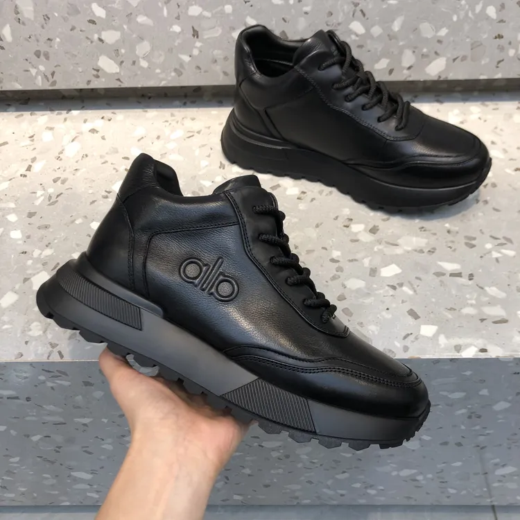 商务休闲男士秋冬休闲增高保暖运动风黑色时尚休闲鞋男士真皮厚底