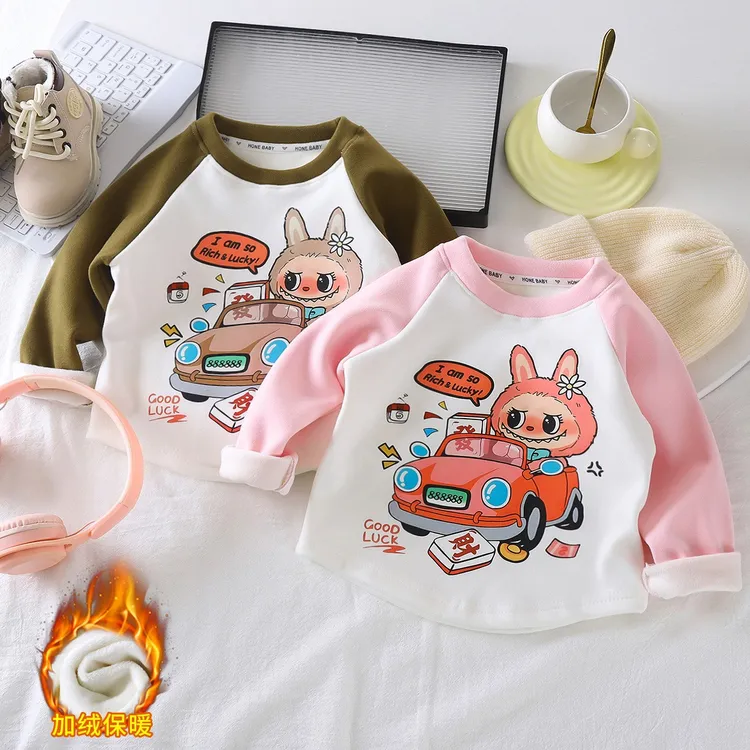 2025加绒加厚儿童长袖t恤新款女童上衣插肩韩版百搭女孩外穿打底