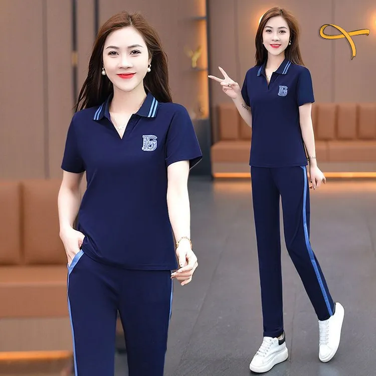 翻领大码运动套装女夏季2025新款拼色短袖长裤跑步服休闲两件套薄