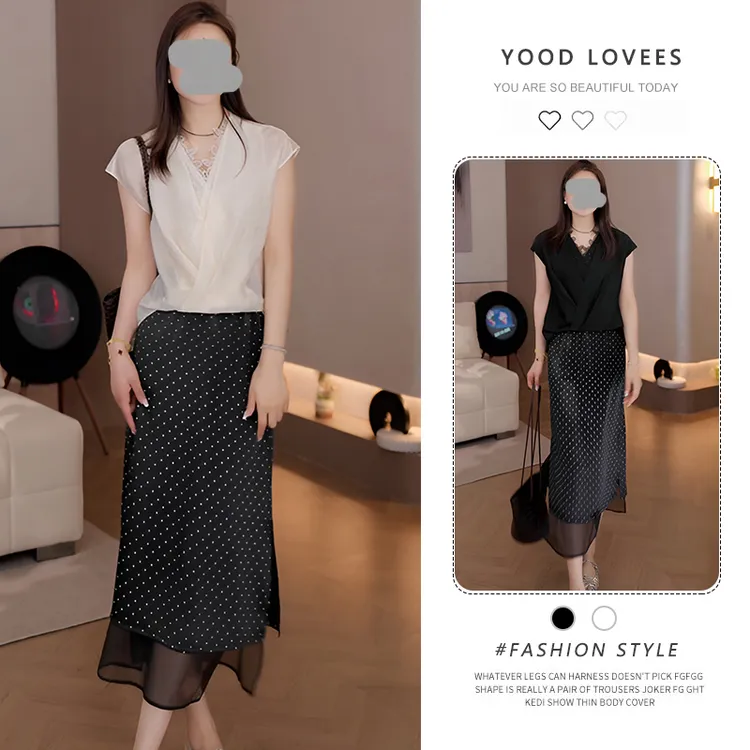 2025夏季蕾丝拼接V领短袖T恤上衣女气质假两件波点半身裙两件套
