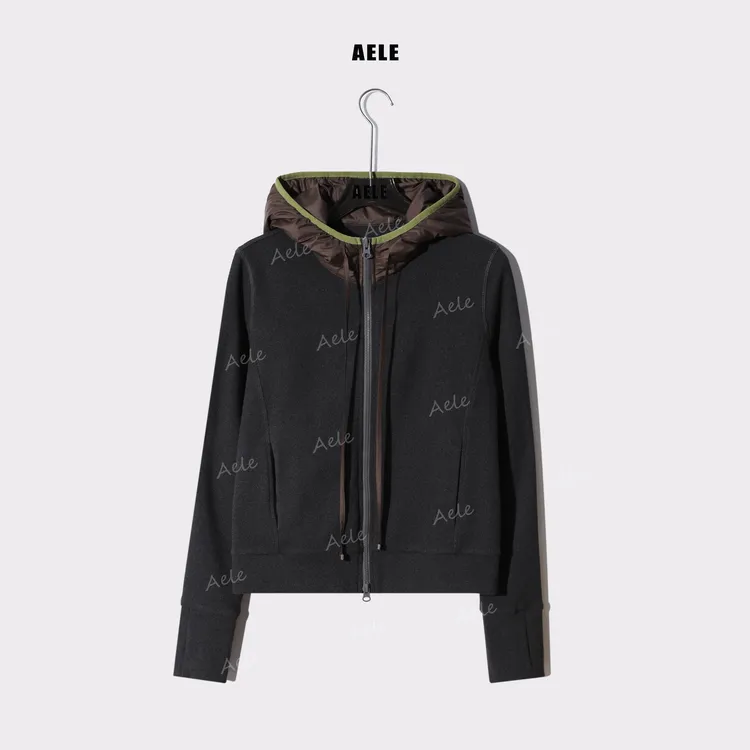 AELE休闲时尚连帽拼接撞色运动百搭拉链保暖短外套W855 3318 AD
