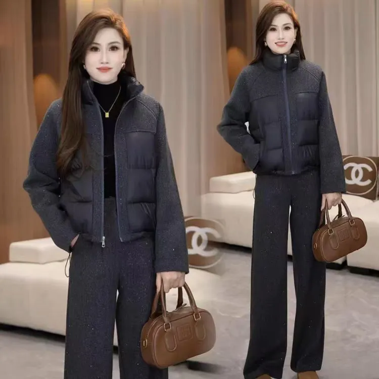 时尚套装女冬季新款加厚保暖毛呢拼接立领棉服外套阔腿裤两件套潮