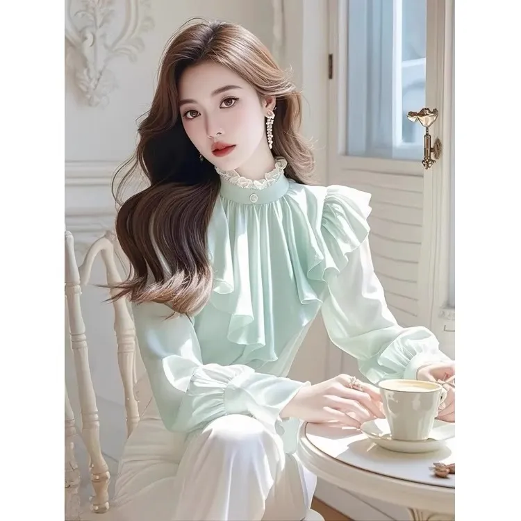 淡绿色立领长袖雪纺衫女2025年早春新款高级感气质荷叶边独特上衣