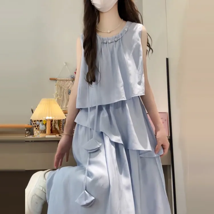 巨好看小个子蓝色连衣裙子女装夏季2025新款气质无袖长裙度假穿搭