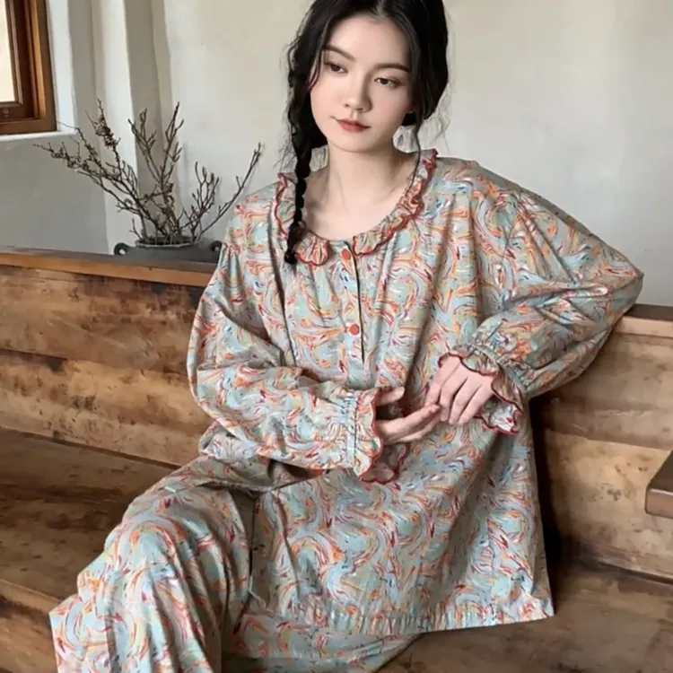 睡衣女士春秋季新款印花开衫长袖长裤家居服薄款法式甜美风套装