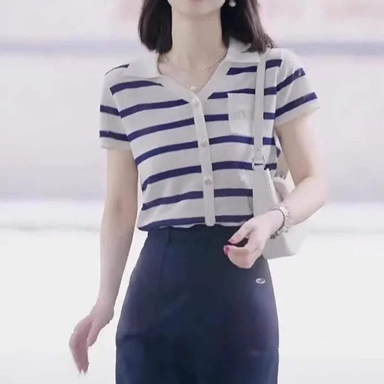 翻领条纹短袖T恤夏季薄款胖MM大码女装显瘦高级感宽松减龄针织衫