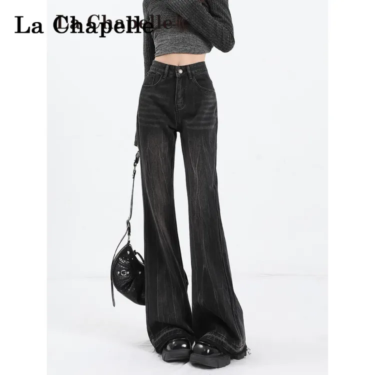 拉夏贝尔黑色微喇牛仔裤女2025秋季新款小个子高腰显瘦修身喇叭裤