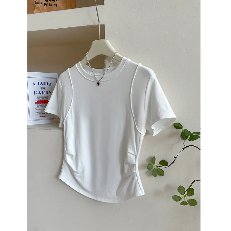 设计感黑色鱼骨正肩短袖t恤女夏季新款小众修身打底衫