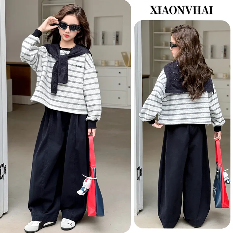 小女孩女童披肩休闲套装2025新款洋气韩版两件套6-12岁儿童卫衣潮