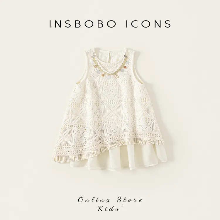 INSbobo女童夏季裙子圆领无袖镂空针织不规则下摆连衣裙XQ25528A
