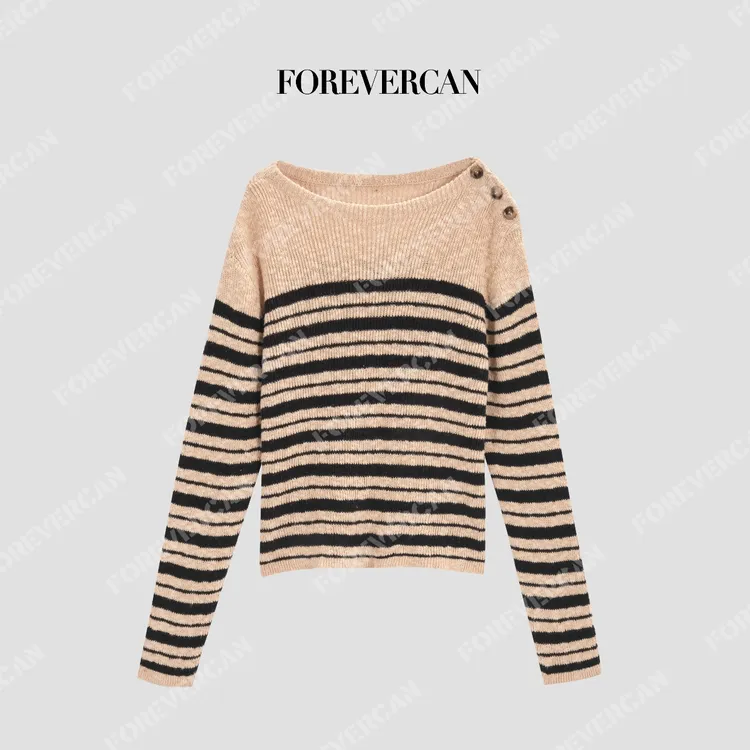 FOREVERCAN“从容织行”木质系慵懒结子纱横条纹纽扣毛衣MY4690