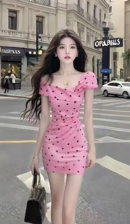 小个子温柔纯欲风不规则修身波点收腰包臀粉色连衣裙女时尚短裙