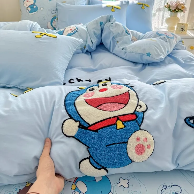 哆啦A梦毛巾绣四件套非全棉纯棉可爱被套床单学生宿舍床上三件套4