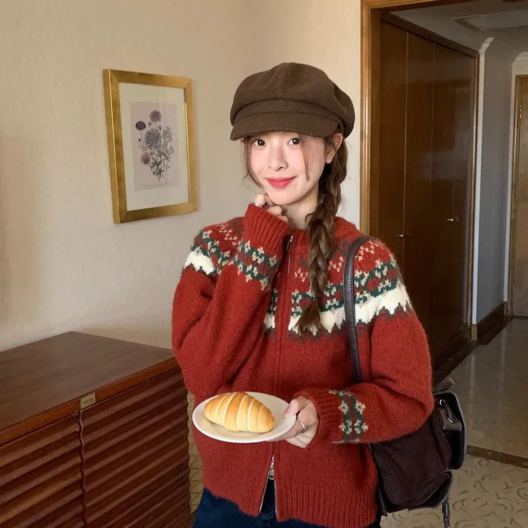 秋冬复古费尔岛毛衣高级外套针织开衫宽松拉链慵懒圆领提花加厚