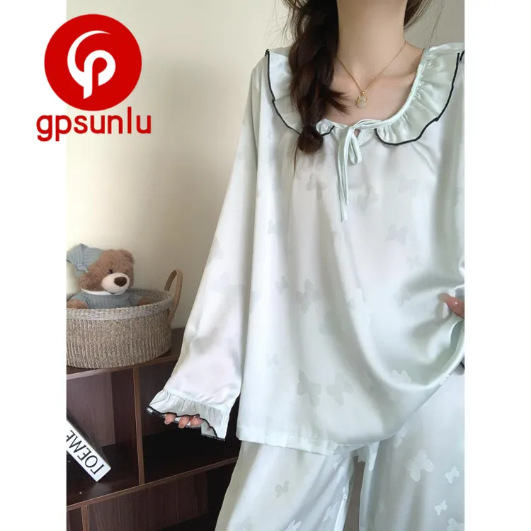 gpsunlu2025新款冰丝长袖长裤春秋季薄款睡衣女高级感提花家居服
