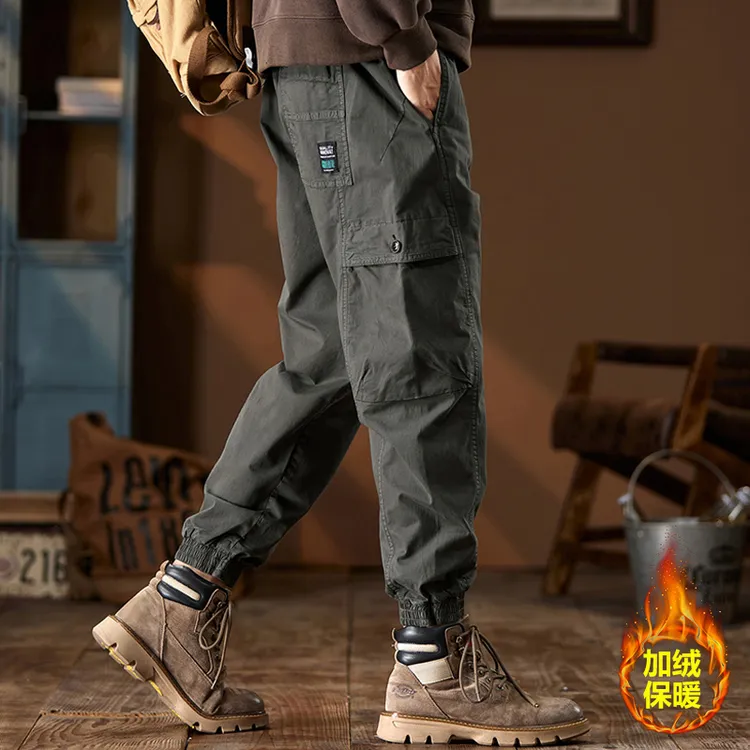 美式工装裤加绒宽松直筒潮流百搭复古大码纯棉束脚多口袋休闲裤男