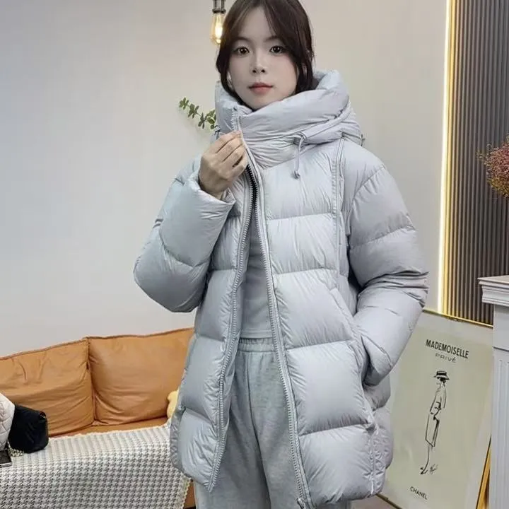 90白鸭绒中长款羽绒服女2025冬季新款连帽宽松显瘦茧型云朵泡芙厚