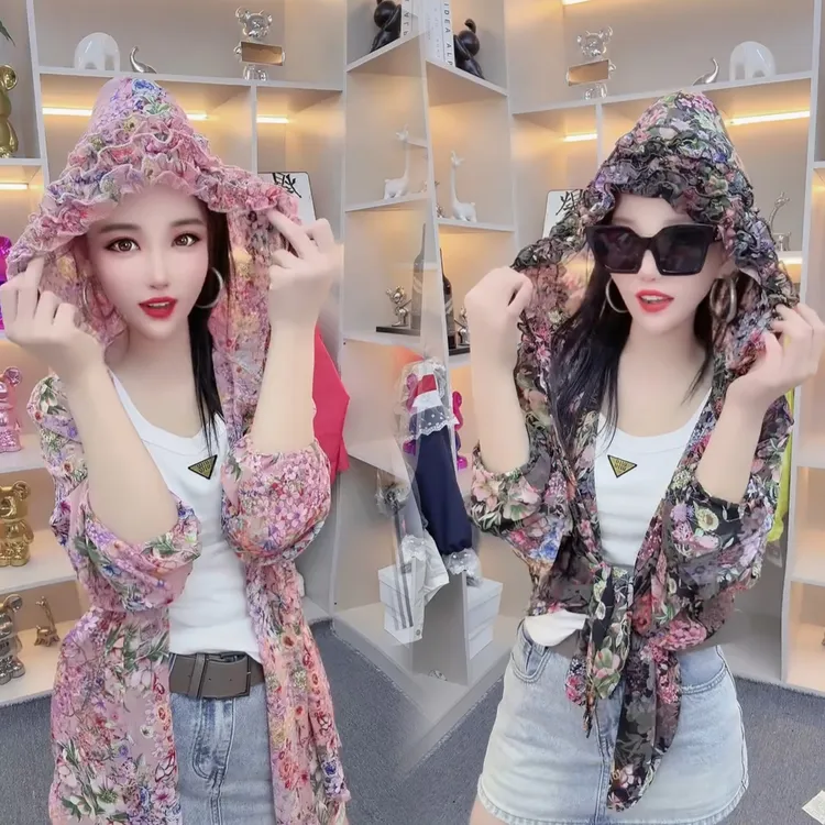 网红爆款夏季碎花连帽上衣宽松显瘦防晒衬衫外穿女士小衫