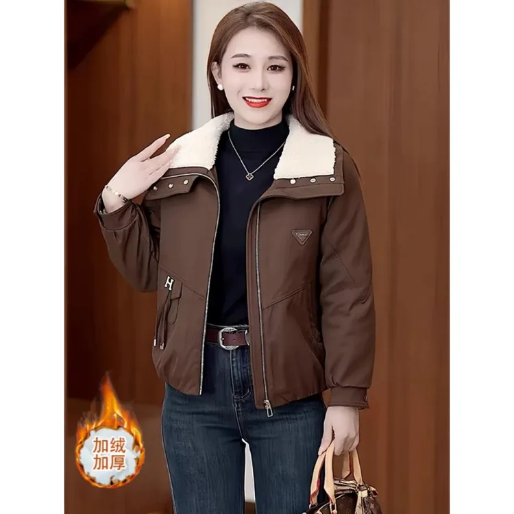 时尚加绒加厚拼接短外套女冬季新款洋气夹克衫小个子保暖派克棉服
