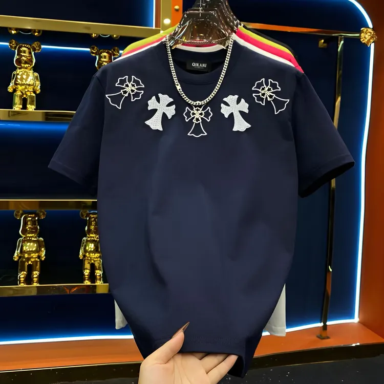 秋季新款重工艺刺绣丝光棉微阔扩短袖男士男装时尚宽松半袖T