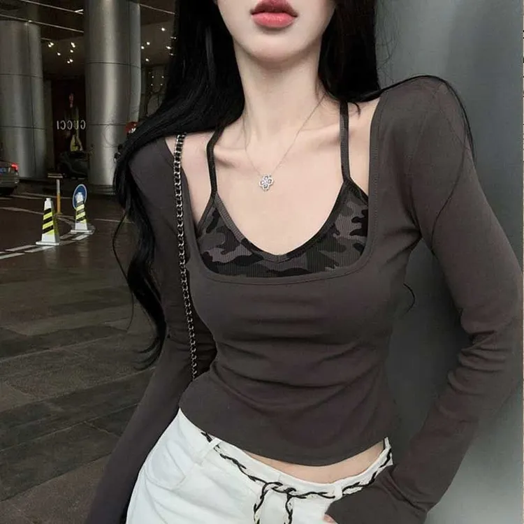 拼接长袖常规袖女款低胸修身T恤性感短款抽绳设计感V领假两件内搭