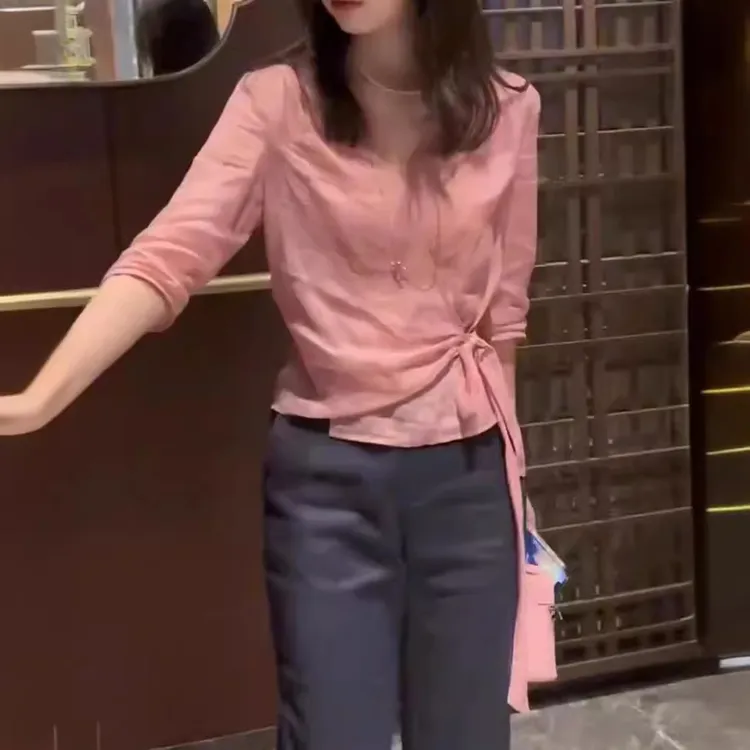 24529大爱美依缘2025新款领侧边系带收腰上衣时尚直筒九分裤女装