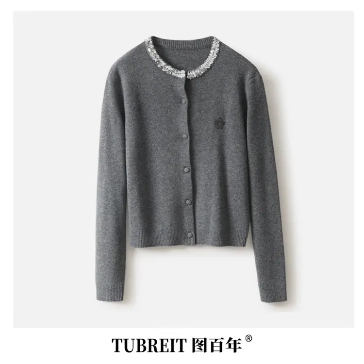 TUBREIT/图百年秋冬韩版圆领刺绣钉珠针织长袖开衫毛衣时尚百搭