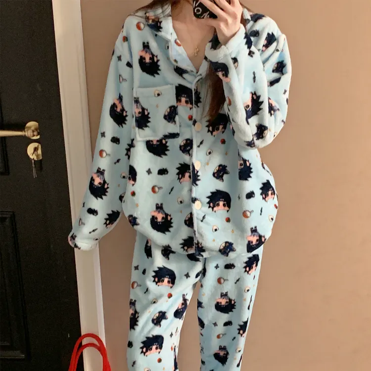 珊瑚绒睡衣女秋冬季大码加厚2025新款佐助套装法兰绒可外穿家居服