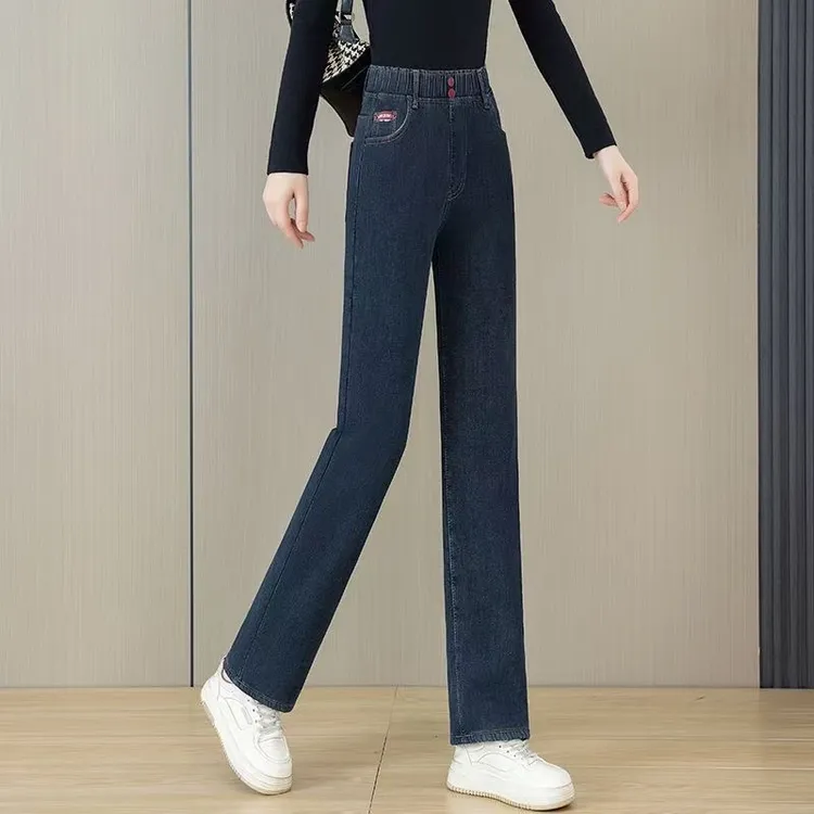 弹力直筒牛仔裤女2025年春秋新款松紧腰高腰窄版显瘦宽松大码裤子
