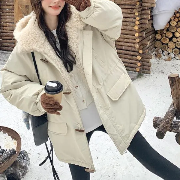 米白色派克服女2025年冬季新款韩系学院风连帽保暖加绒羊羔毛棉衣