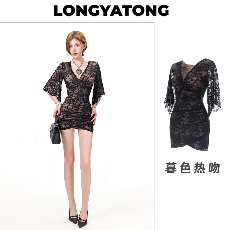 龙牙童推荐【暮色热吻】蕾丝法式女后妈裙包臀显瘦气质性感修身收腰