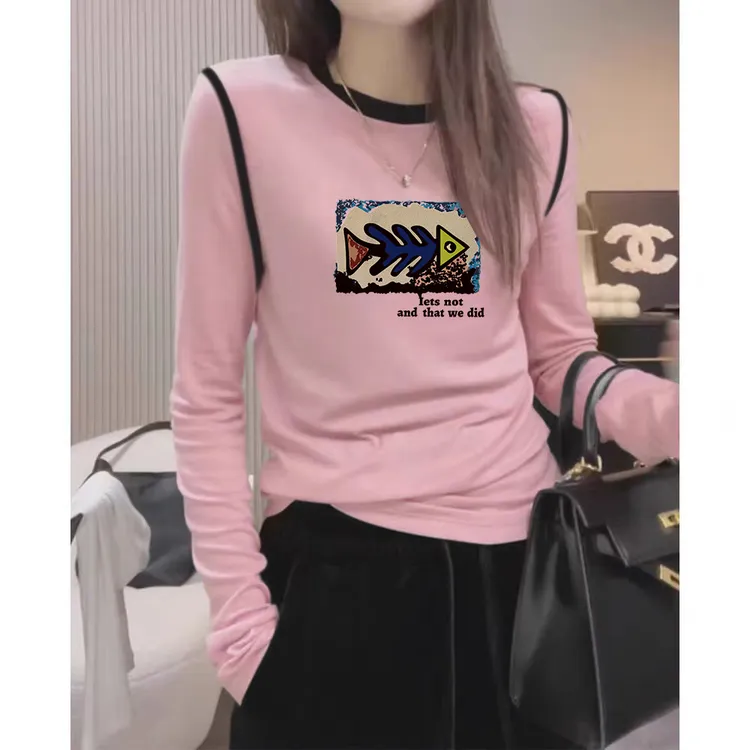 纯欲风辣妹修身显瘦长袖T恤女士秋冬德绒加厚保暖印花打底衫内搭