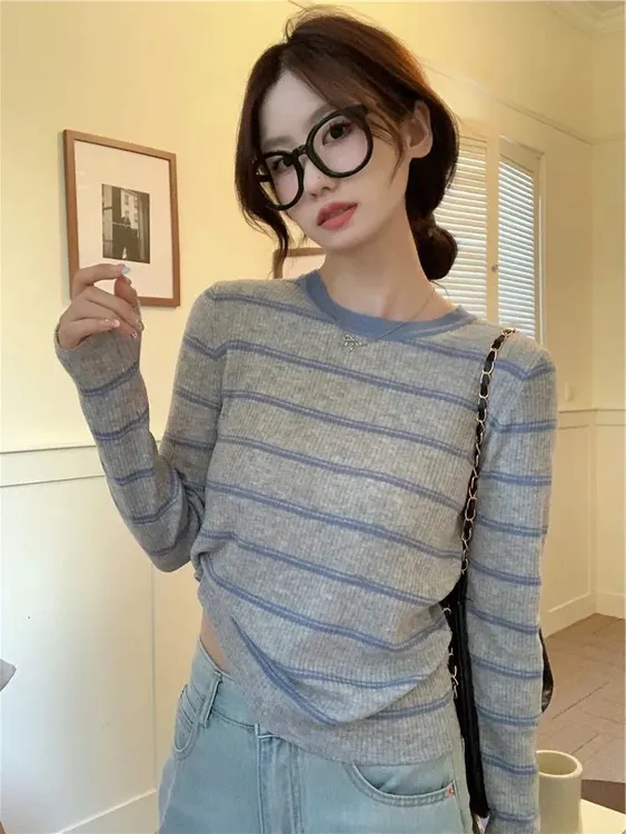花倾慕韩系奶糯撞色条纹针织毛衣女春休闲内搭绵羊毛打底衫5368