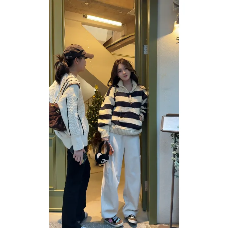 BOXUE“奥利奥”2025秋冬慵懒风羊毛条纹粗线针织毛衣#251122MY6858