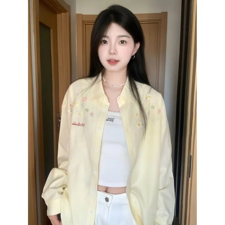 宽松黄色条纹立体花朵刺绣衬衫外套女春夏防晒长袖上衣美式透气